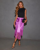 Soleni Satin Fringe Hem Midi Skirt