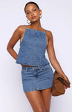 Happiness Is Key Mid Rise Denim Mini Skirt Admiral Blue