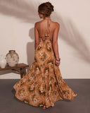 Mediterranean Muse Floral Halter Neck Maxi Dress