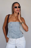 Not Listening Strapless Denim Top Light Blue