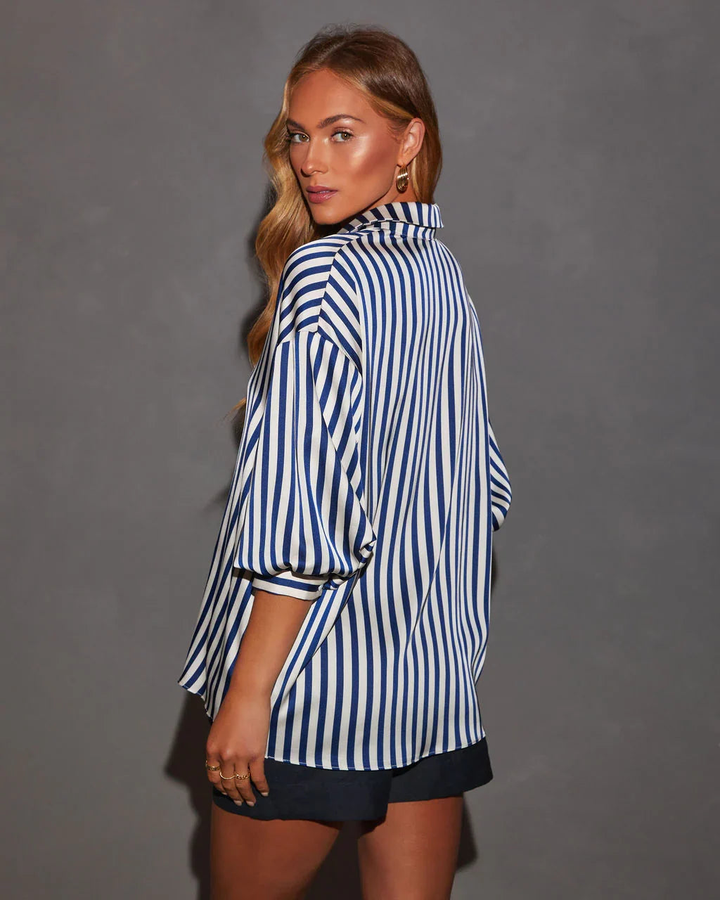 Blake Striped Blousson Sleeve Collared Satin Shirt