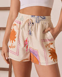 Postcard Sent Stamp Print Drawstring Shorts
