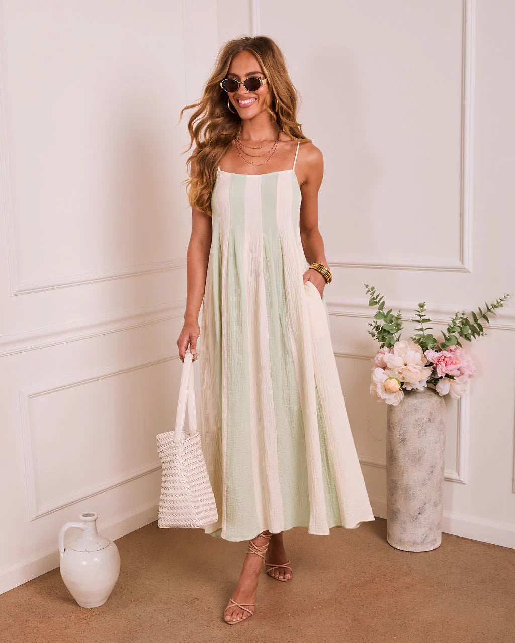 Dewy Meadow Striped Godet Maxi Dress