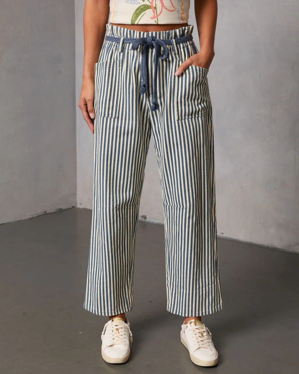 Duah Rigid Straight Leg Pinstripe Waist Tie Jeans