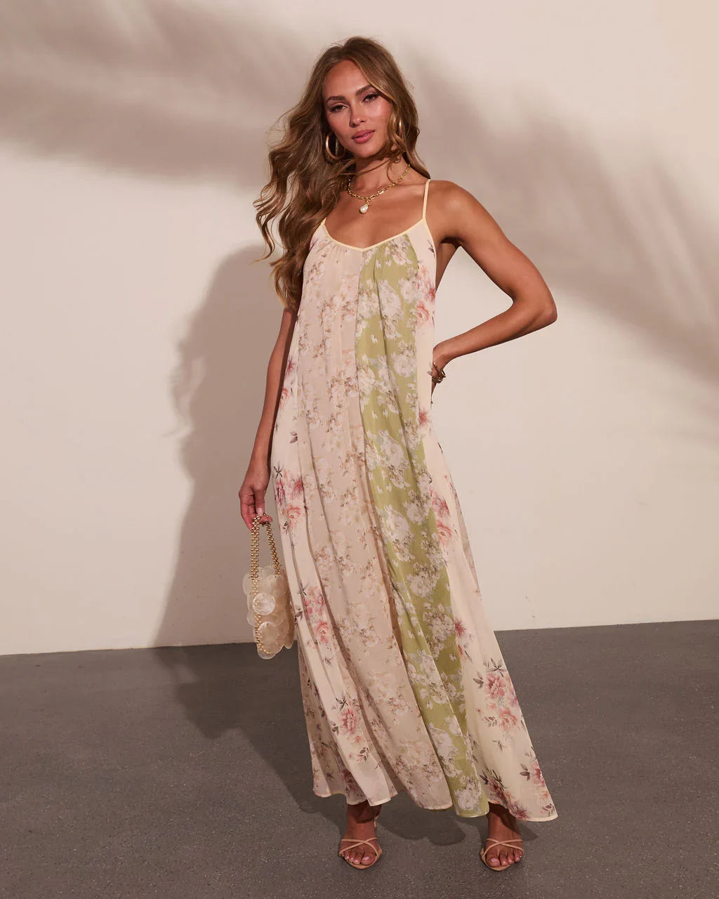Daytime Glow Floral Color Block Maxi Dress