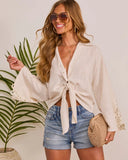 Warm Dune Bell Sleeve Front Tie Top