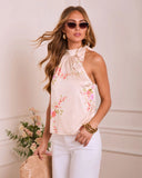 Nadya Floral Satin Mock Neck Tie Top