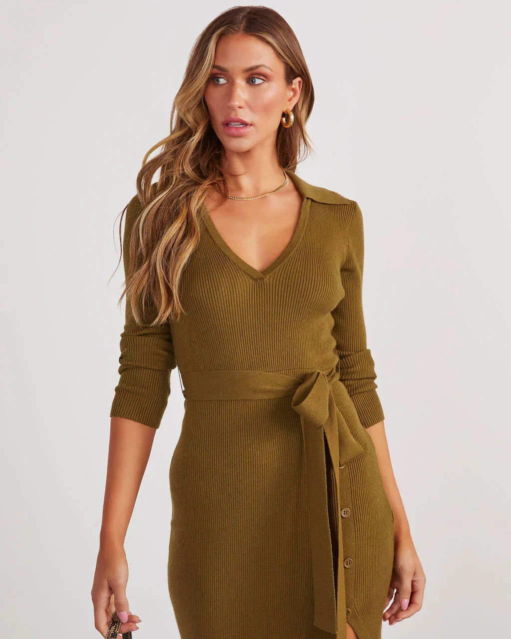 Colleto Tie Waist Midi Sweater Dress