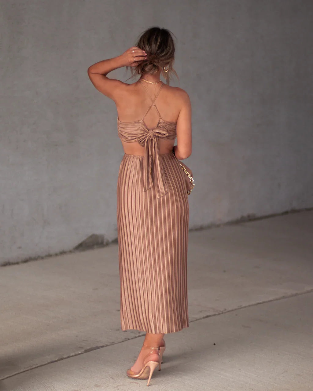 Hollywood Dreams Pleated Tie Back Midi Dress