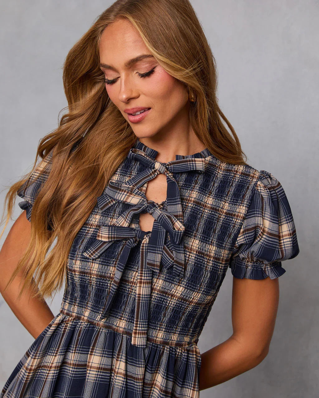 Charlisa Plaid Puff Sleeve Midi Dress