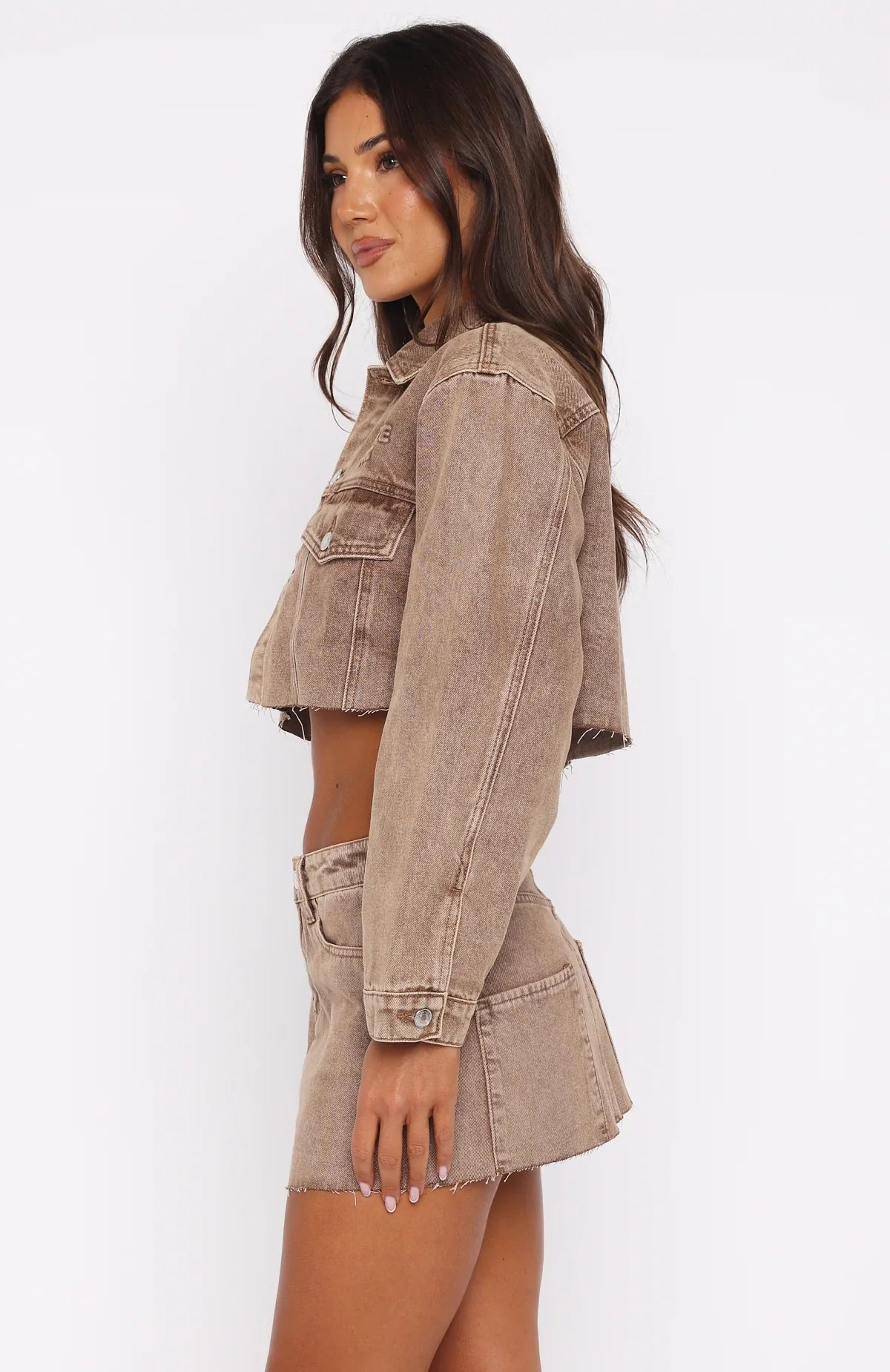 Something To Prove Cropped Denim Jacket Tan Wash