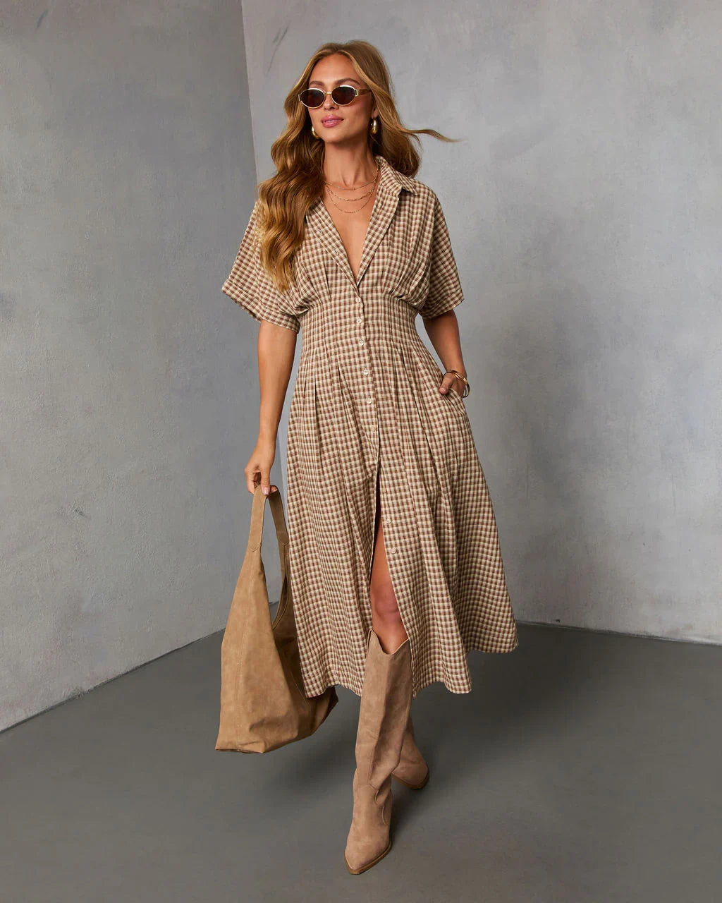 Backroad Blues Gingham Midi Shirt Dress