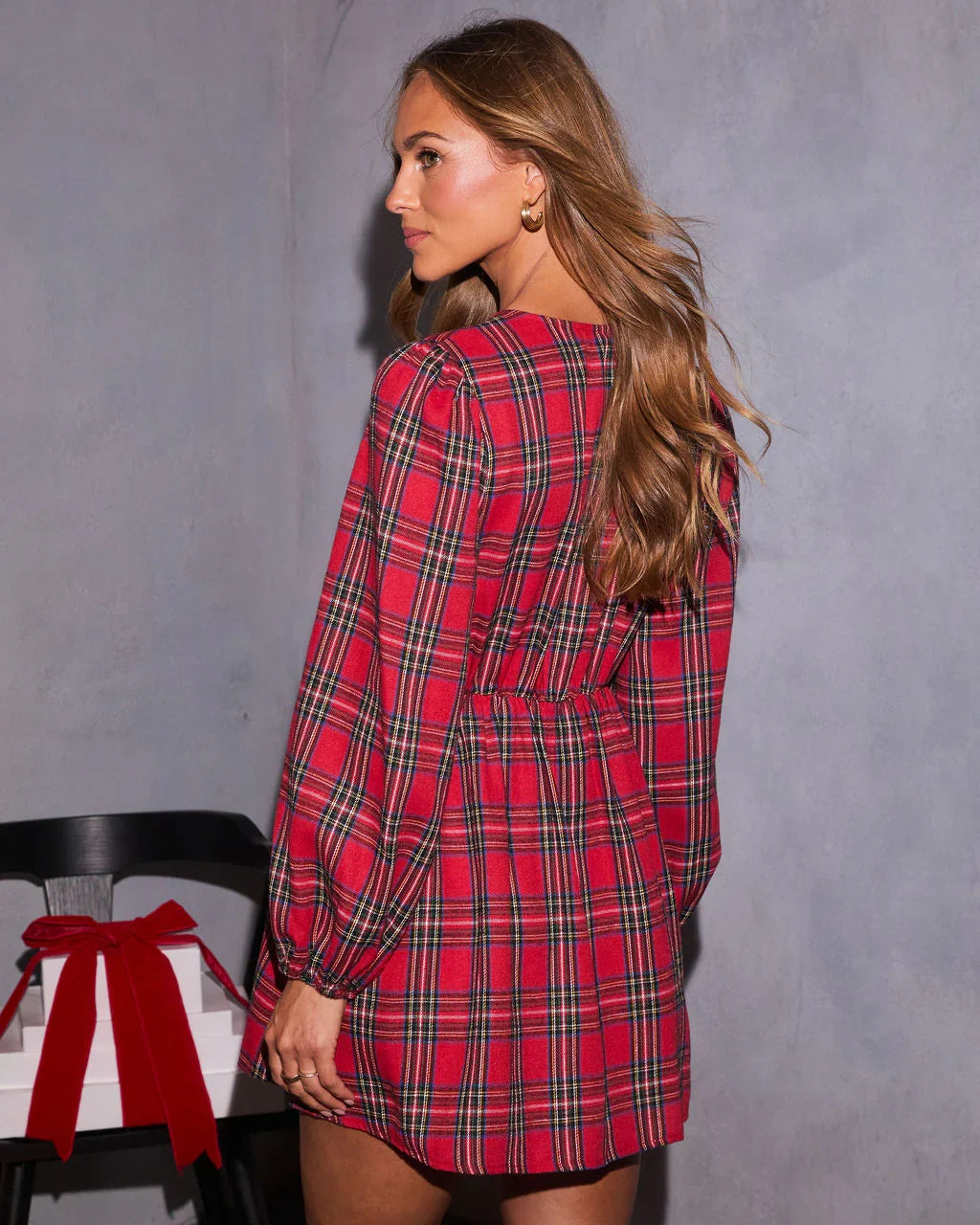 Alede Velvet Bow Plaid Mini Dress