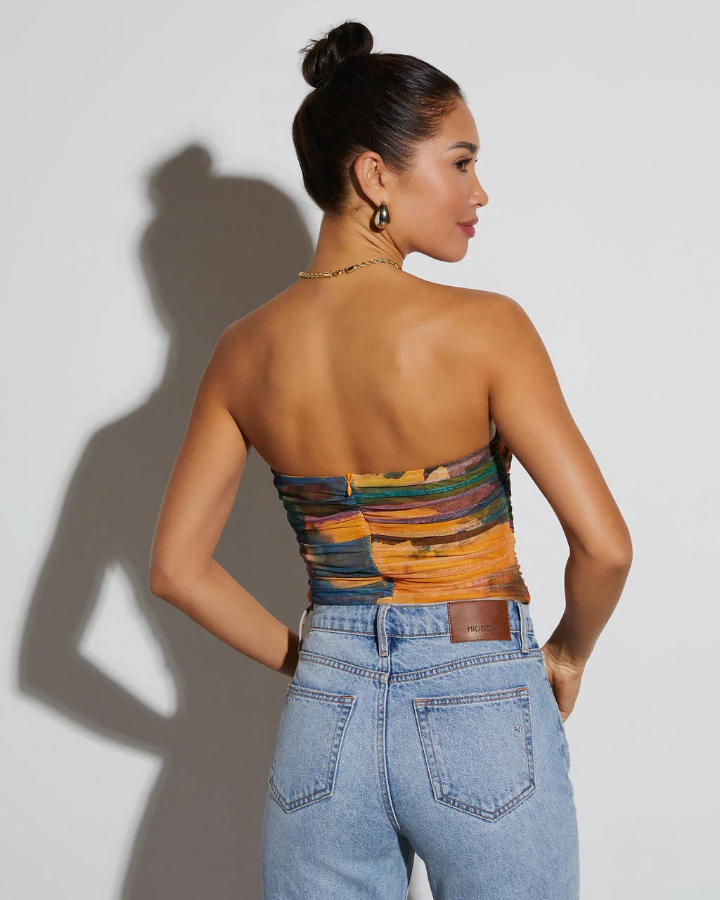 Jazlynn Printed Strapless Ruched Cutout Bodysuit