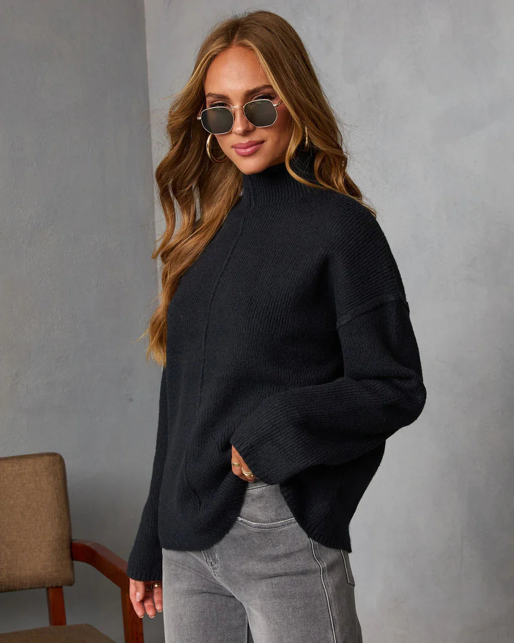 Malia Mock Neck Seamed Sweater