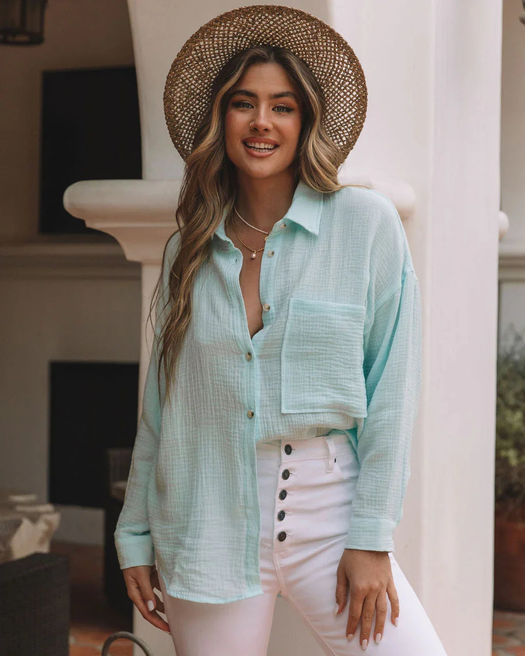 Sherlyn Satin Embossed Button Down Top