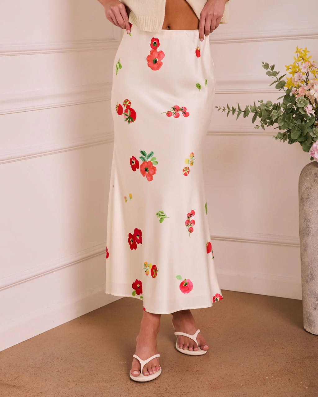 Soft Stem Fruit Floral Satin Maxi Skirt