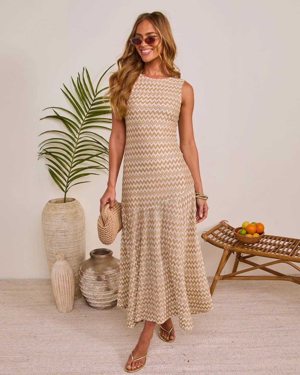 Sunlit Joy Drop Waist Chevron Print Maxi Dress