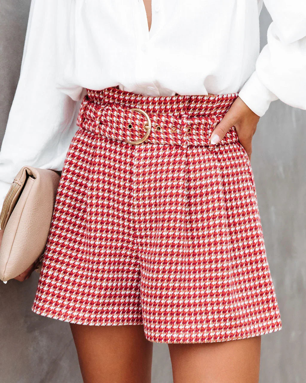 For The Record Houndstooth Belted Shorts