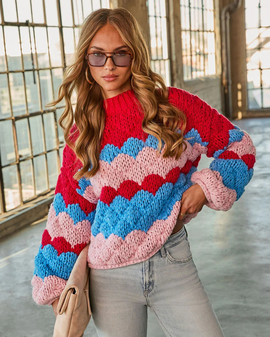 Freyie Abstract Mock Neck Chunky Knit Sweater