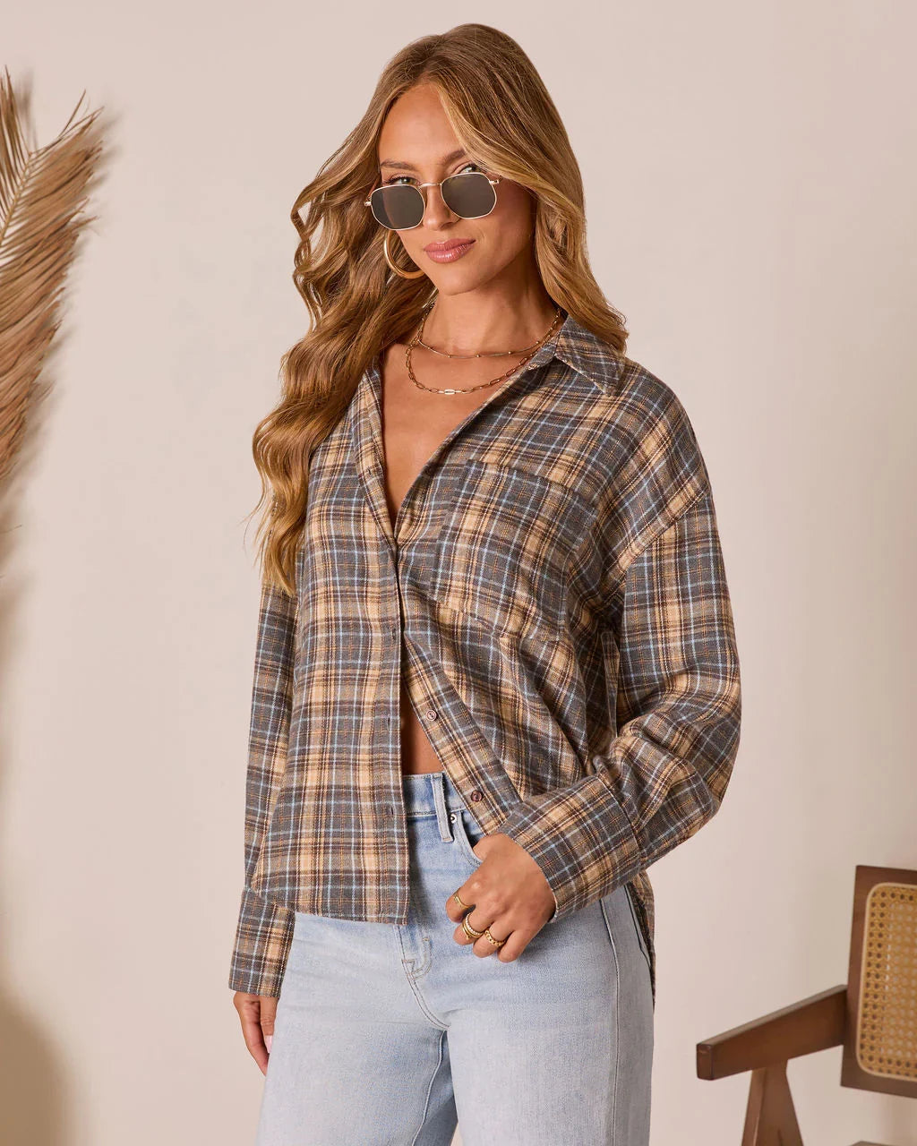 Ecole Plaid Button Down Top