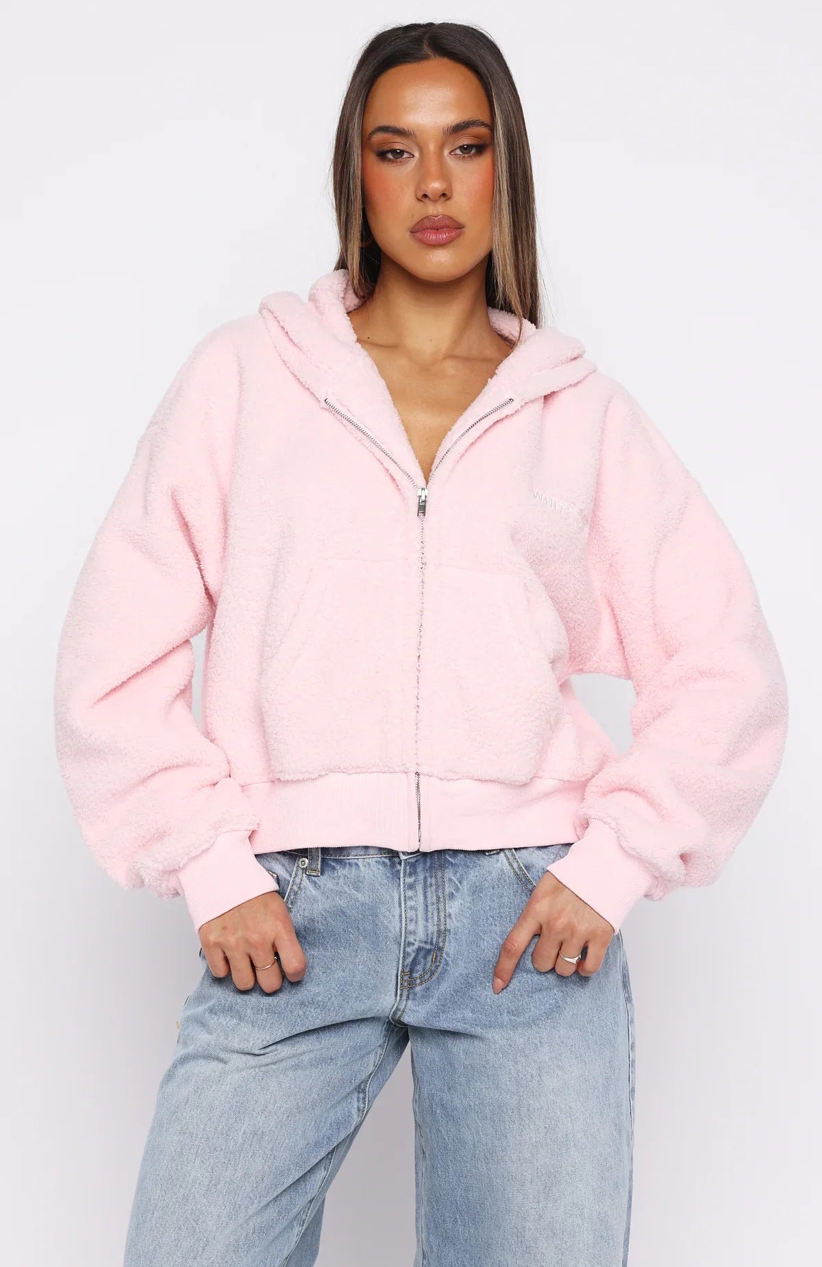 Always First Teddy Borg Boxy Zip Front Hoodie Pink