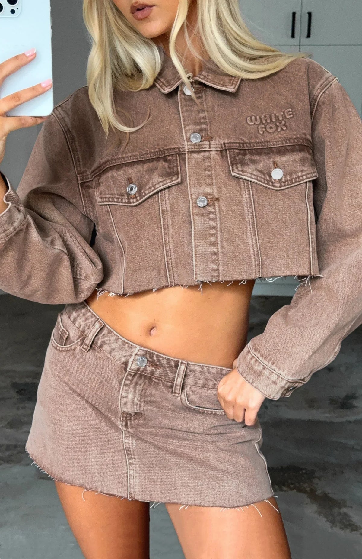 Something To Prove Cropped Denim Jacket Tan Wash