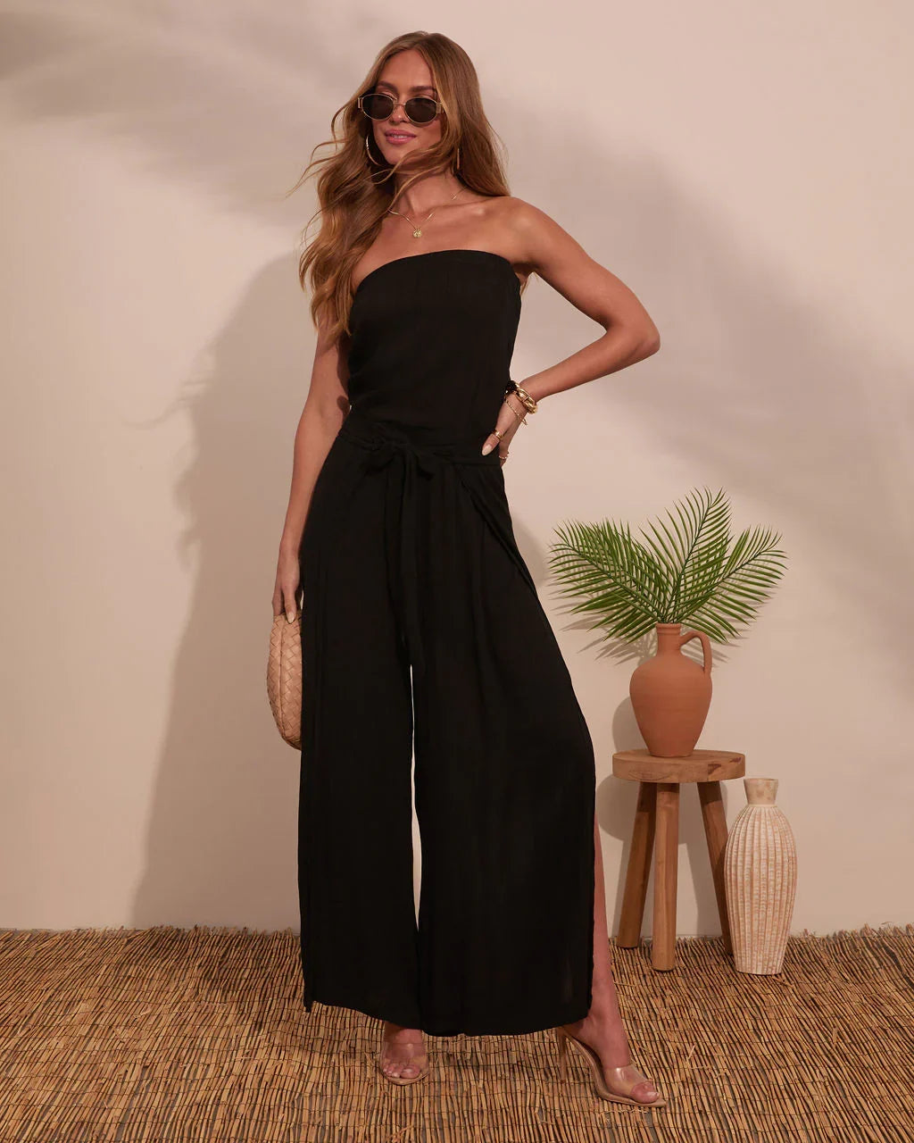 Coasting By Strapless Waist Tie Jumpsuit