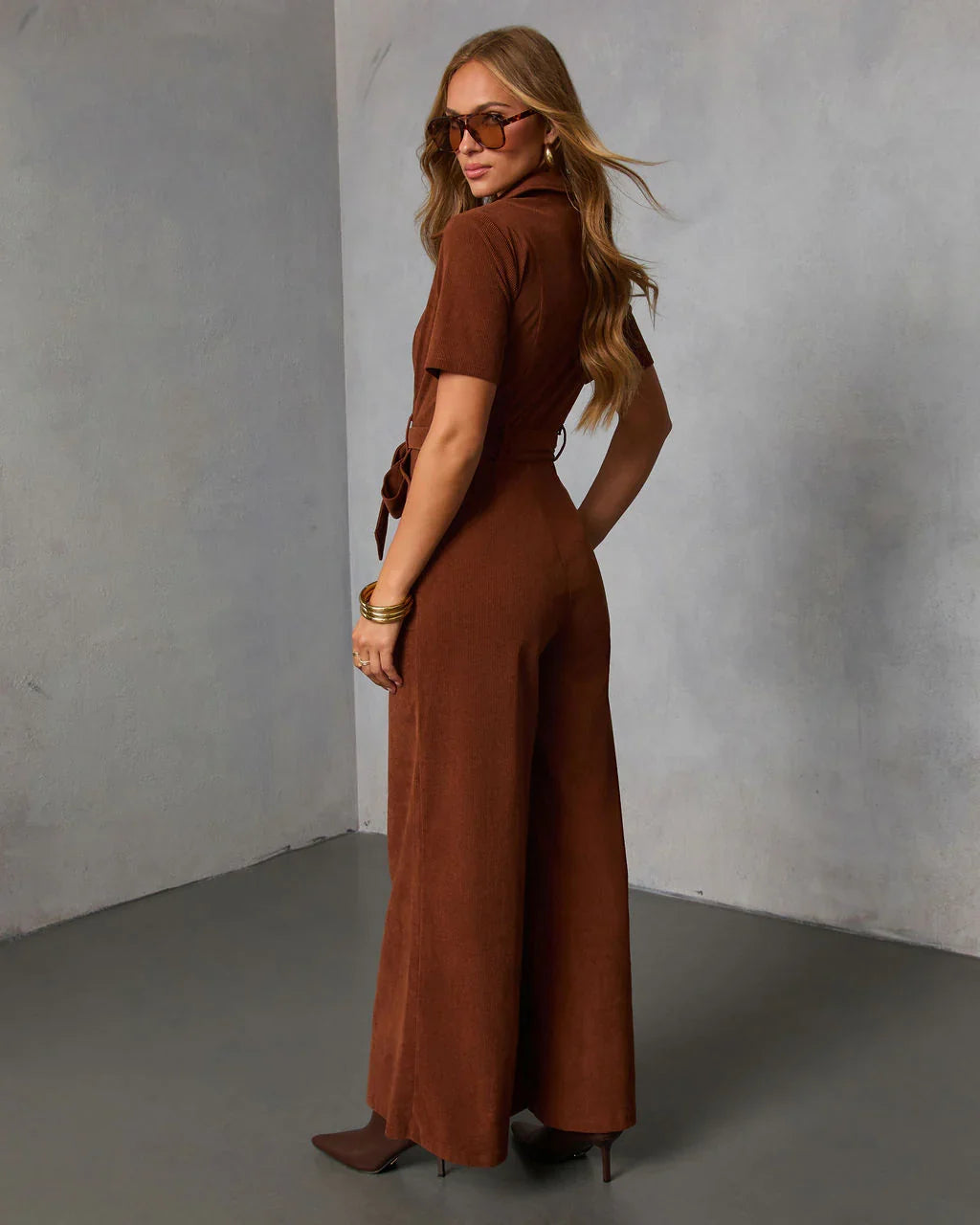 Warm Rust Tie Waist Corduroy Jumpsuit
