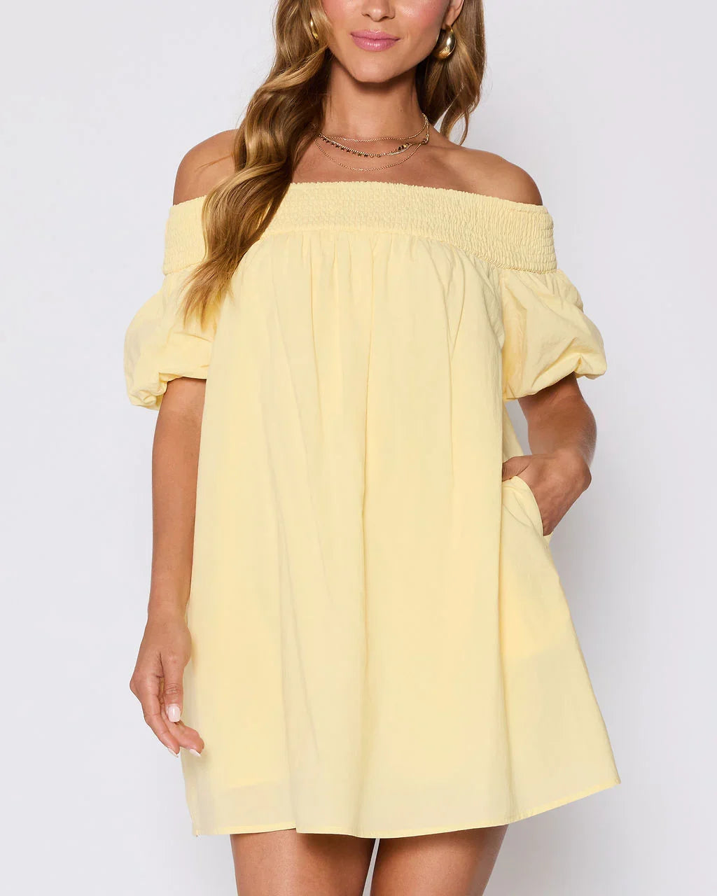 Lydia Cotton Smocked Off The Shoulder Mini Dress
