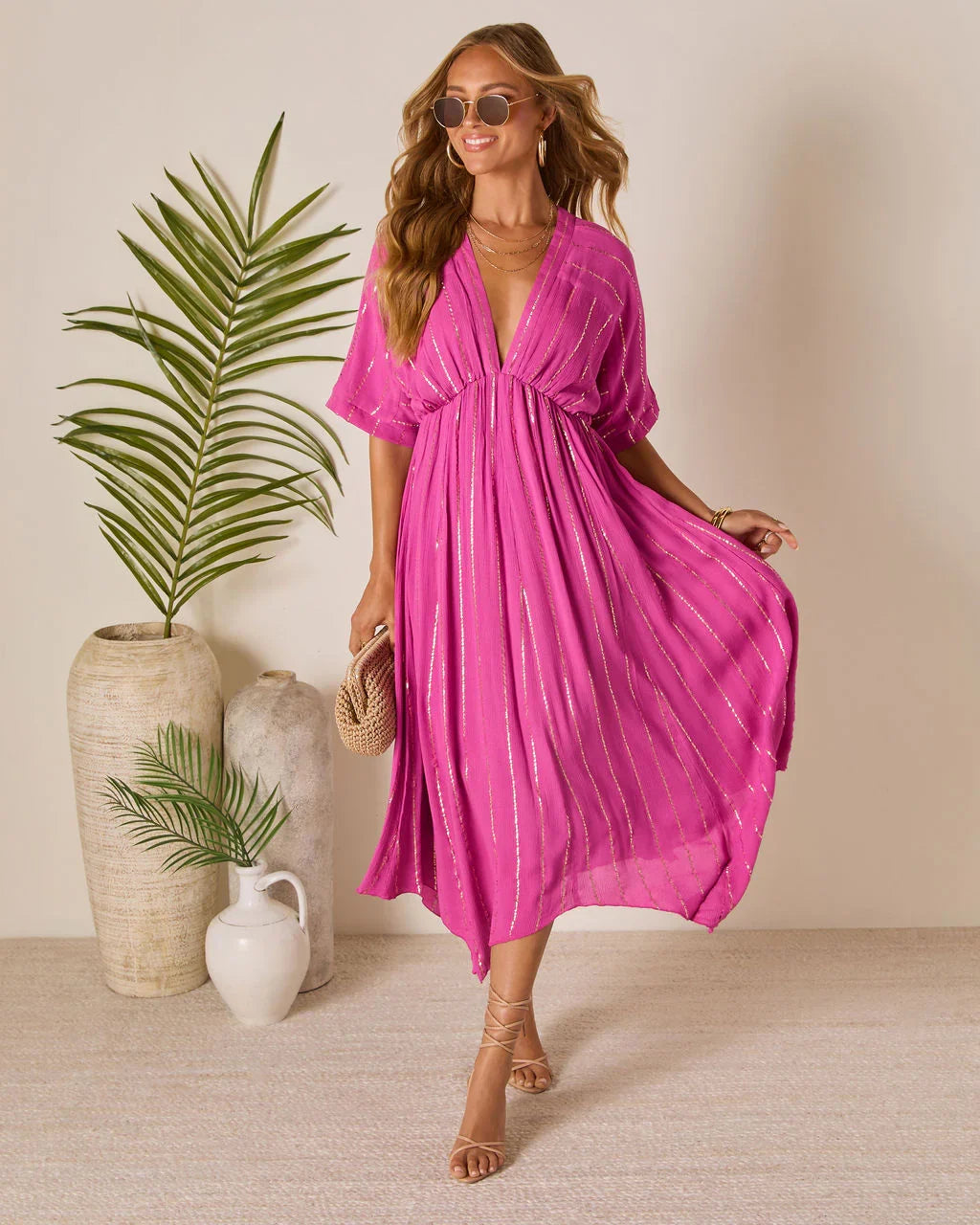 Haylee Flowy Metallic Stitch Midi Dress