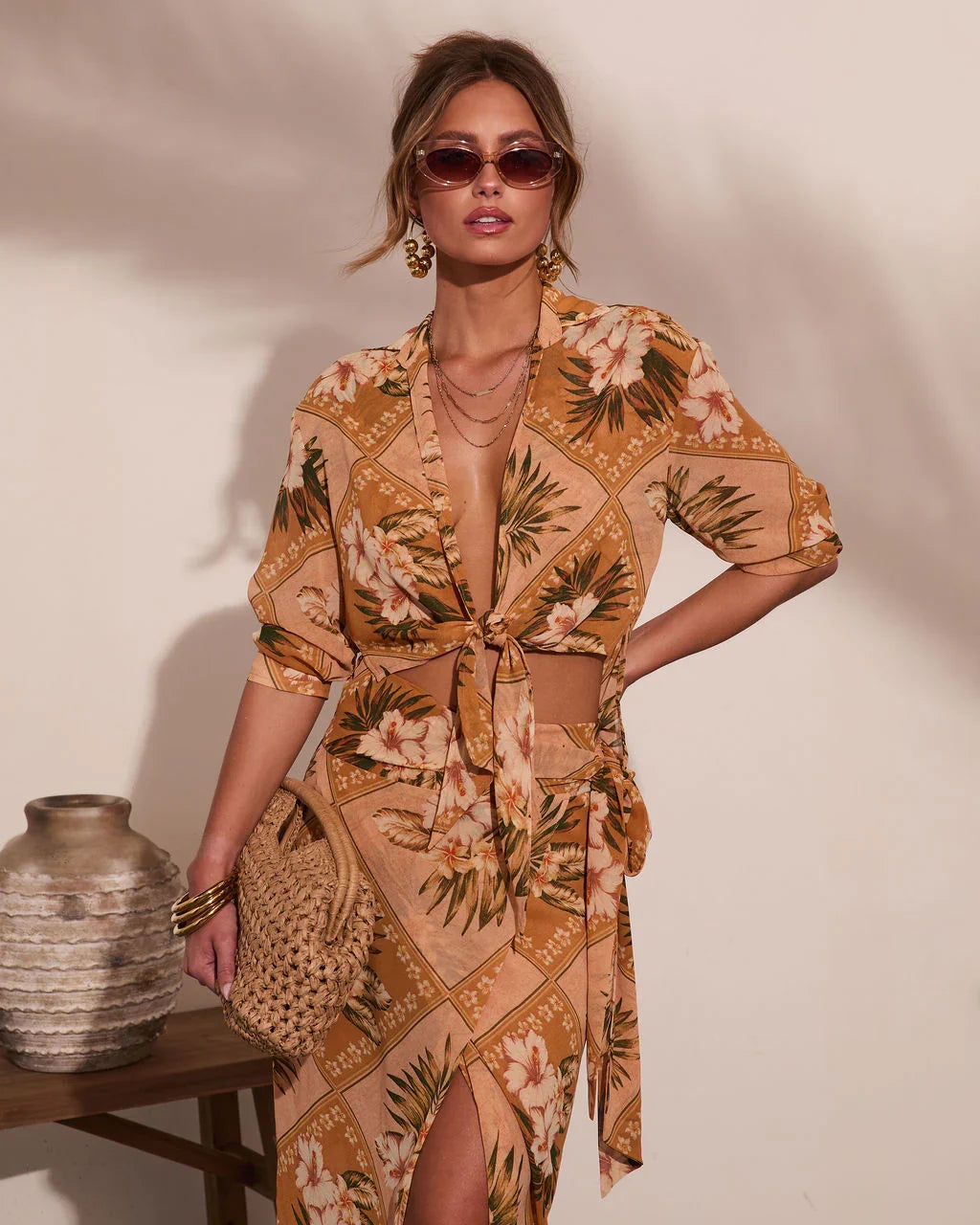 Mediterranean Muse Floral Front Tie Top