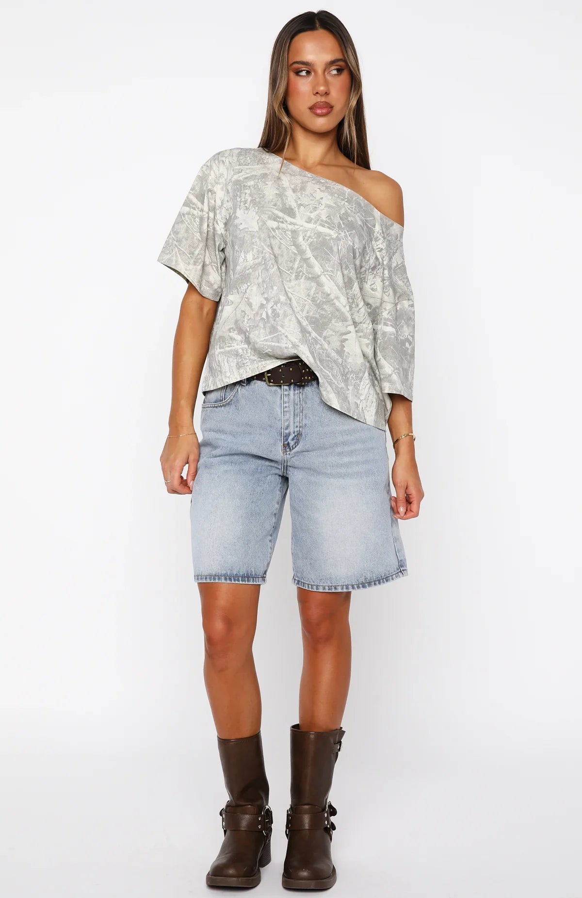 Travel The World Off Shoulder Oversized Tee Light Camo