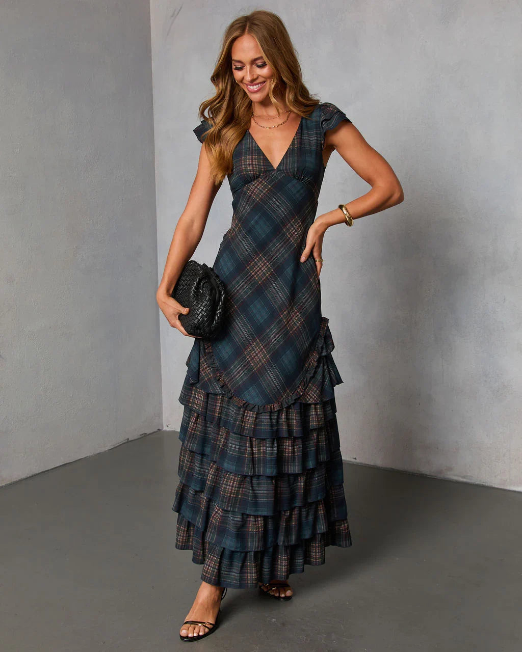 Marcellie Ruffle Plaid Maxi Dress