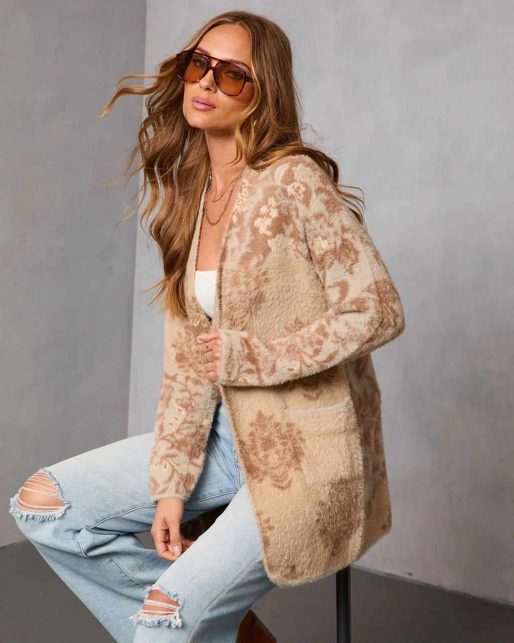 Calianna Abstract Fuzzy Knit Open Front Cardigan