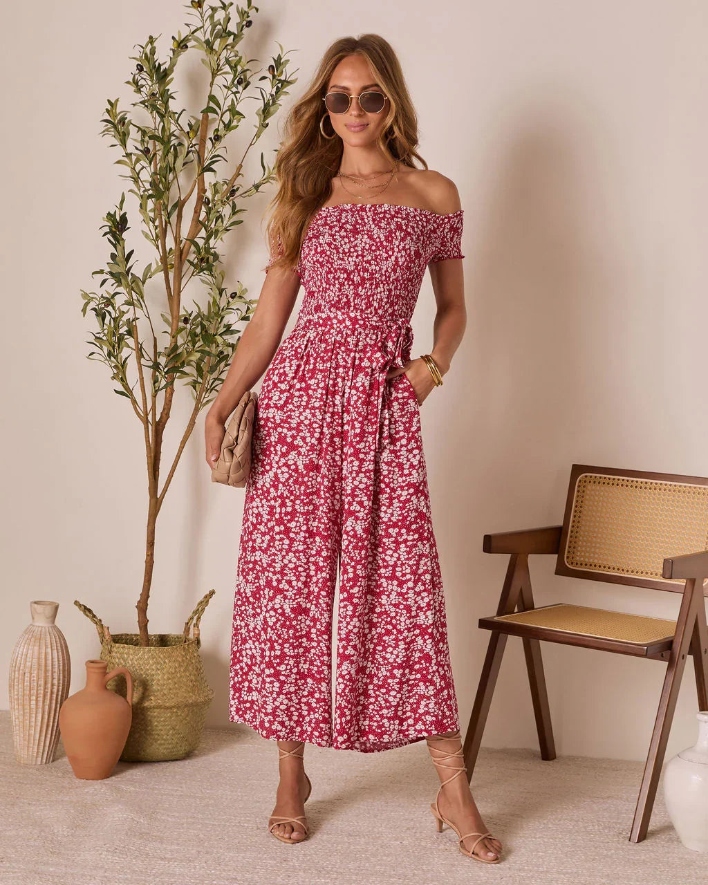 Dawna Off The Shoulder Waist Tie Jumpsuit