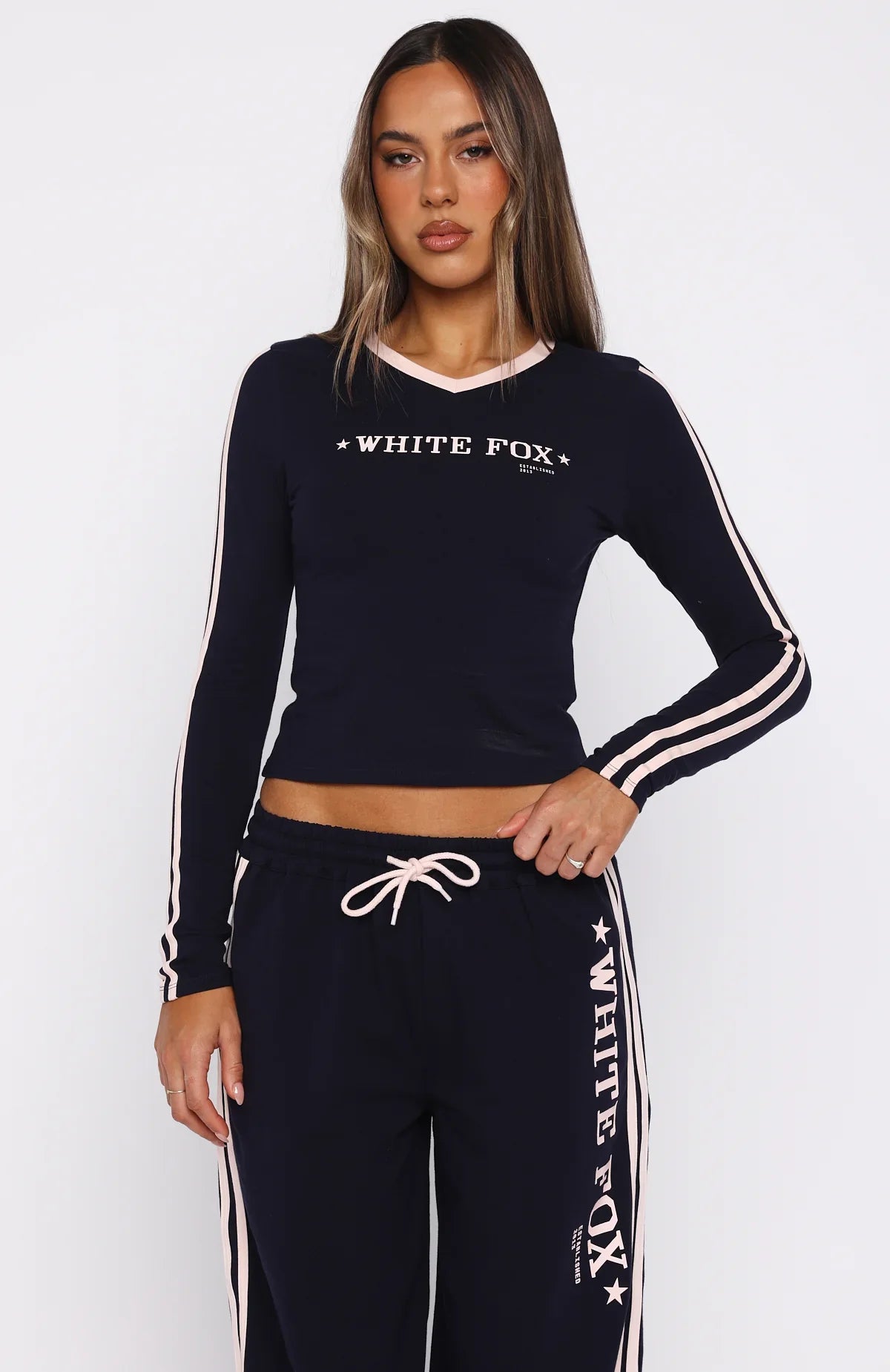 Star Of The Night Long Sleeve V Neck Baby Tee Navy