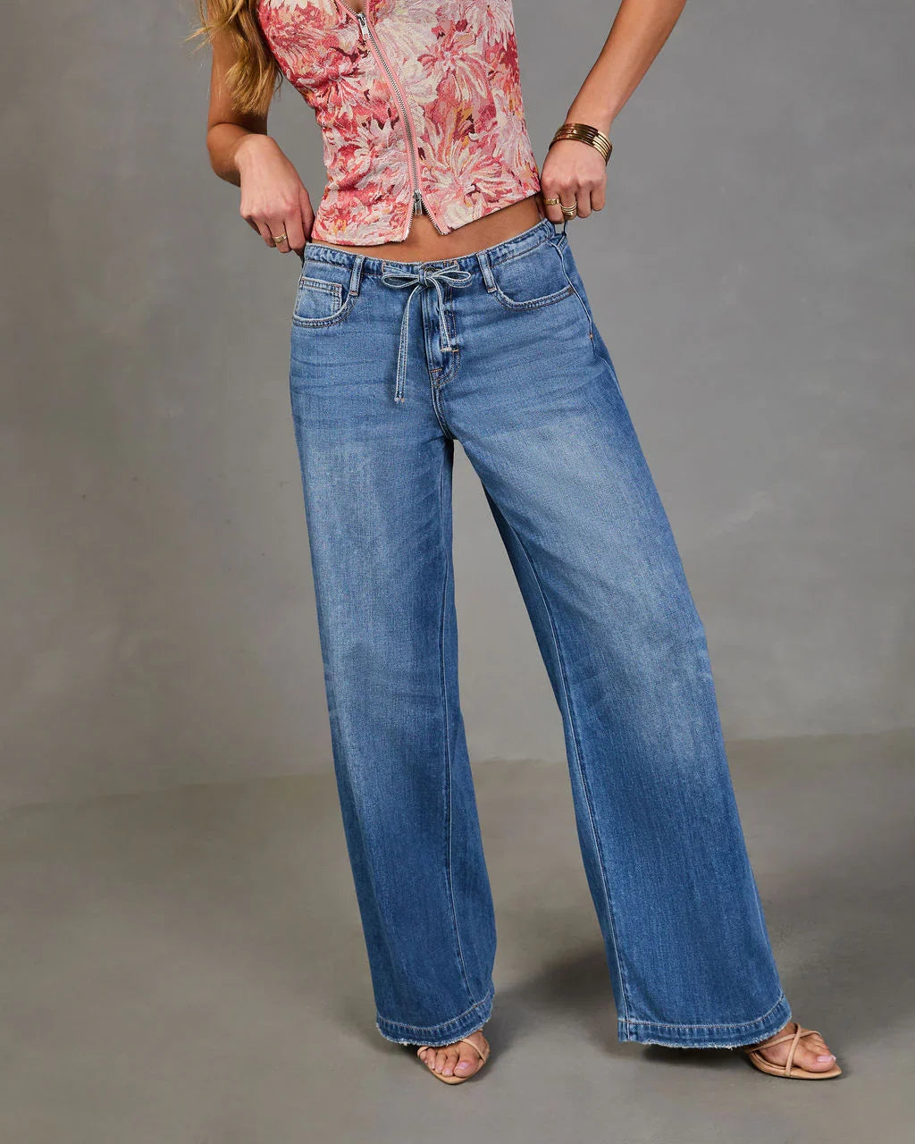 Nolae Rigid Wide Leg Low Rise Drawstring Waist Jeans