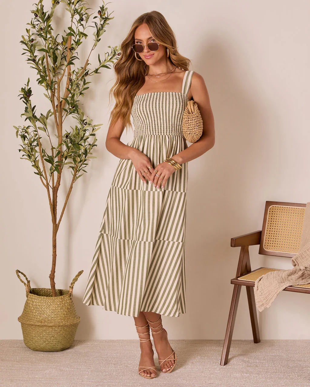 Braylin Striped Smocked Midi Dress