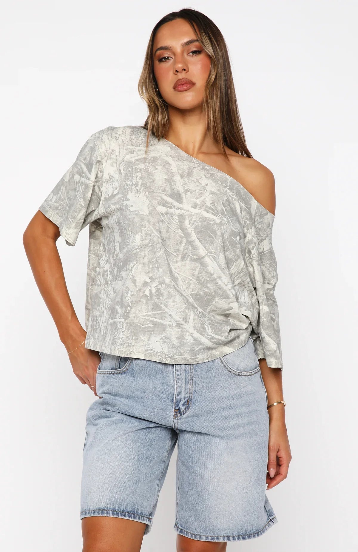 Travel The World Off Shoulder Oversized Tee Light Camo