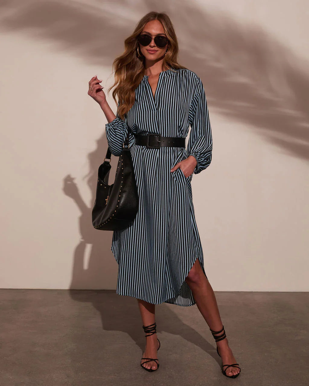 Dimarco Striped Pocketed Belted Midi Dress