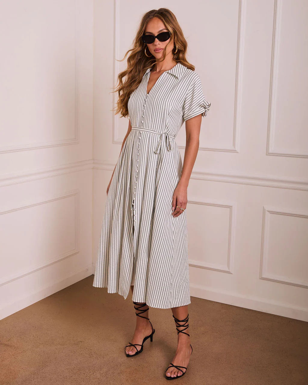 Refined Ease Striped Waist Tie Midi Dress