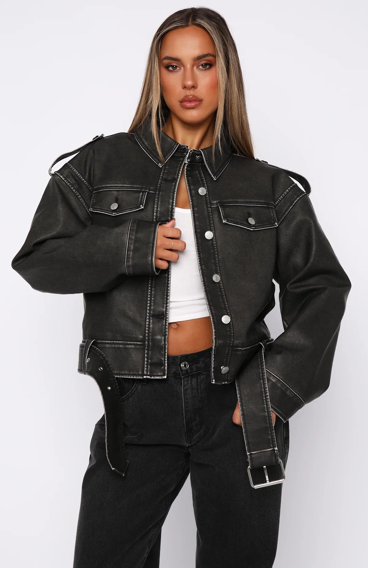 In This World PU Biker Jacket Charcoal Wash