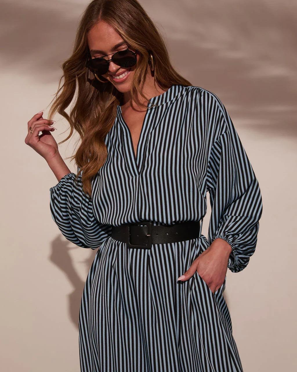 Dimarco Striped Pocketed Belted Midi Dress