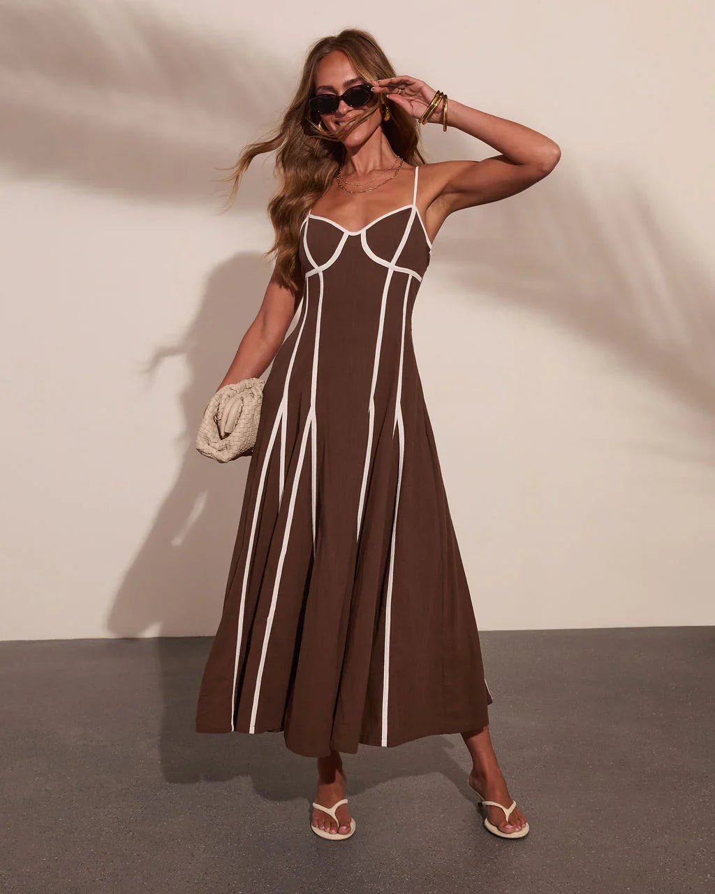 Adriah Contrast Trim Fit and Flare Maxi Dress