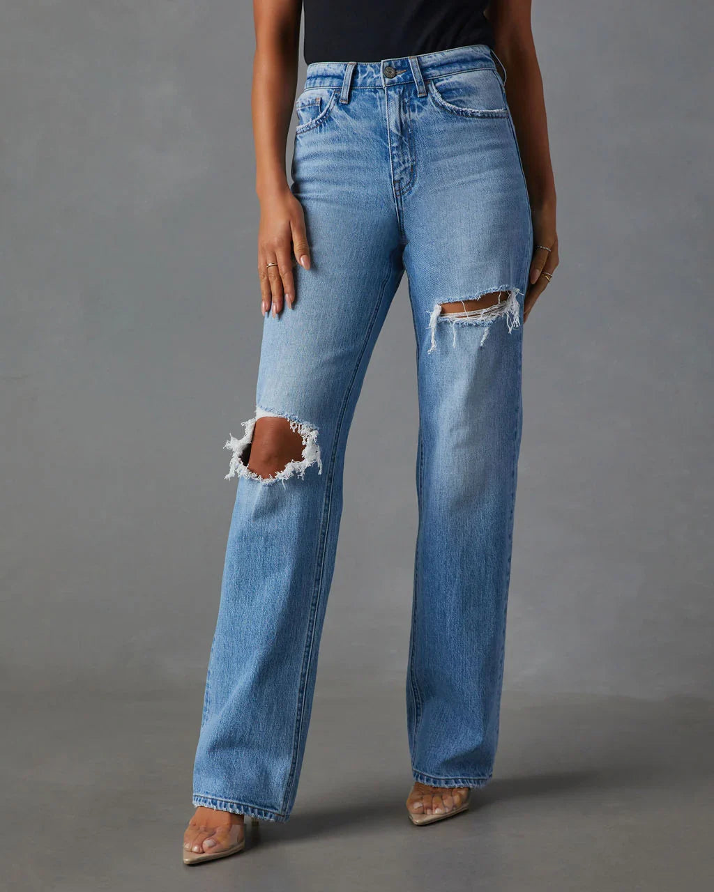 Sequoia Stretch High Rise Straight Leg Distressed Jeans