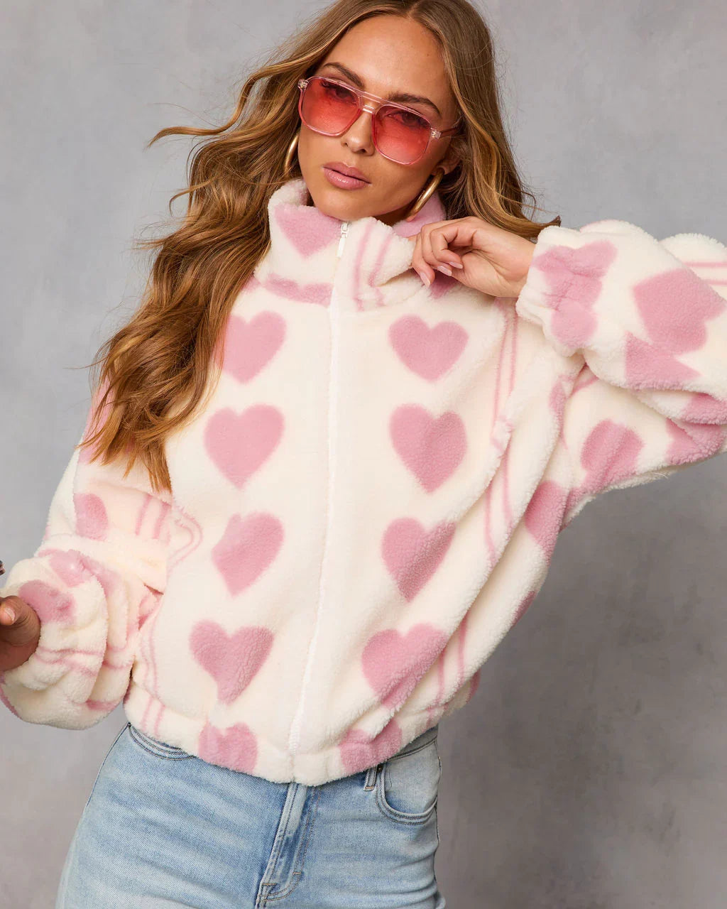 Love All Over Sherpa Heart Print Jacket