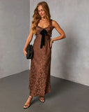 Sepia Kiss Satin Jacquard Bust Tie Maxi Dress