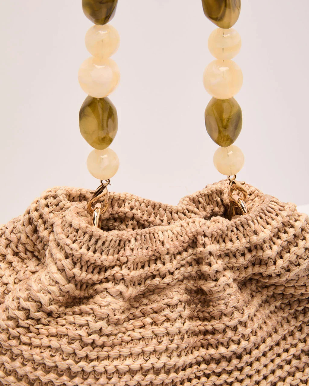 Natural Drift Beaded Handle Straw Pouch Bag