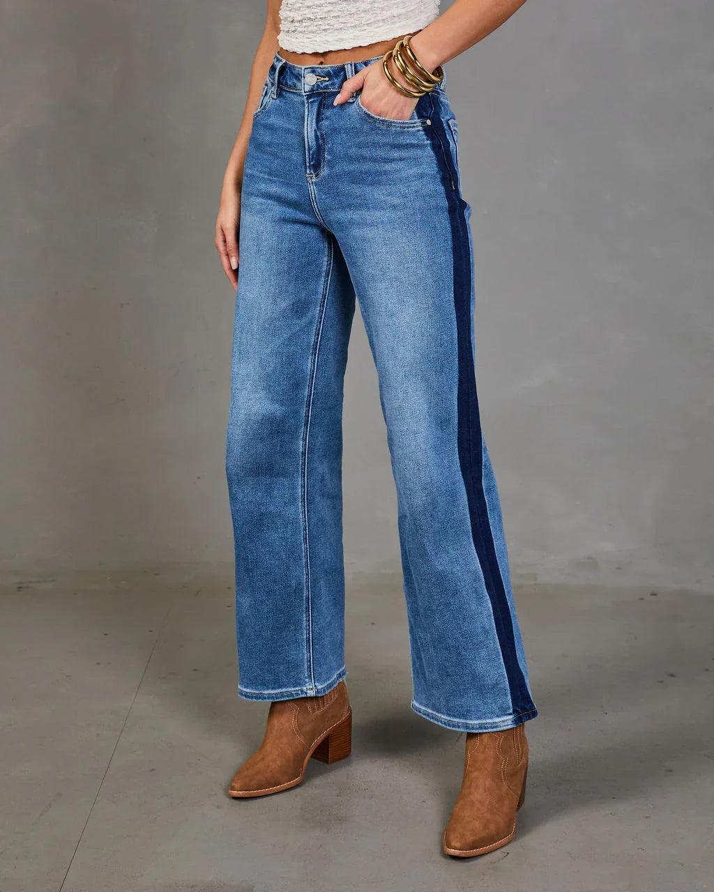 Orlena Stretch Two Tone Straight Leg Mid Rise Jeans